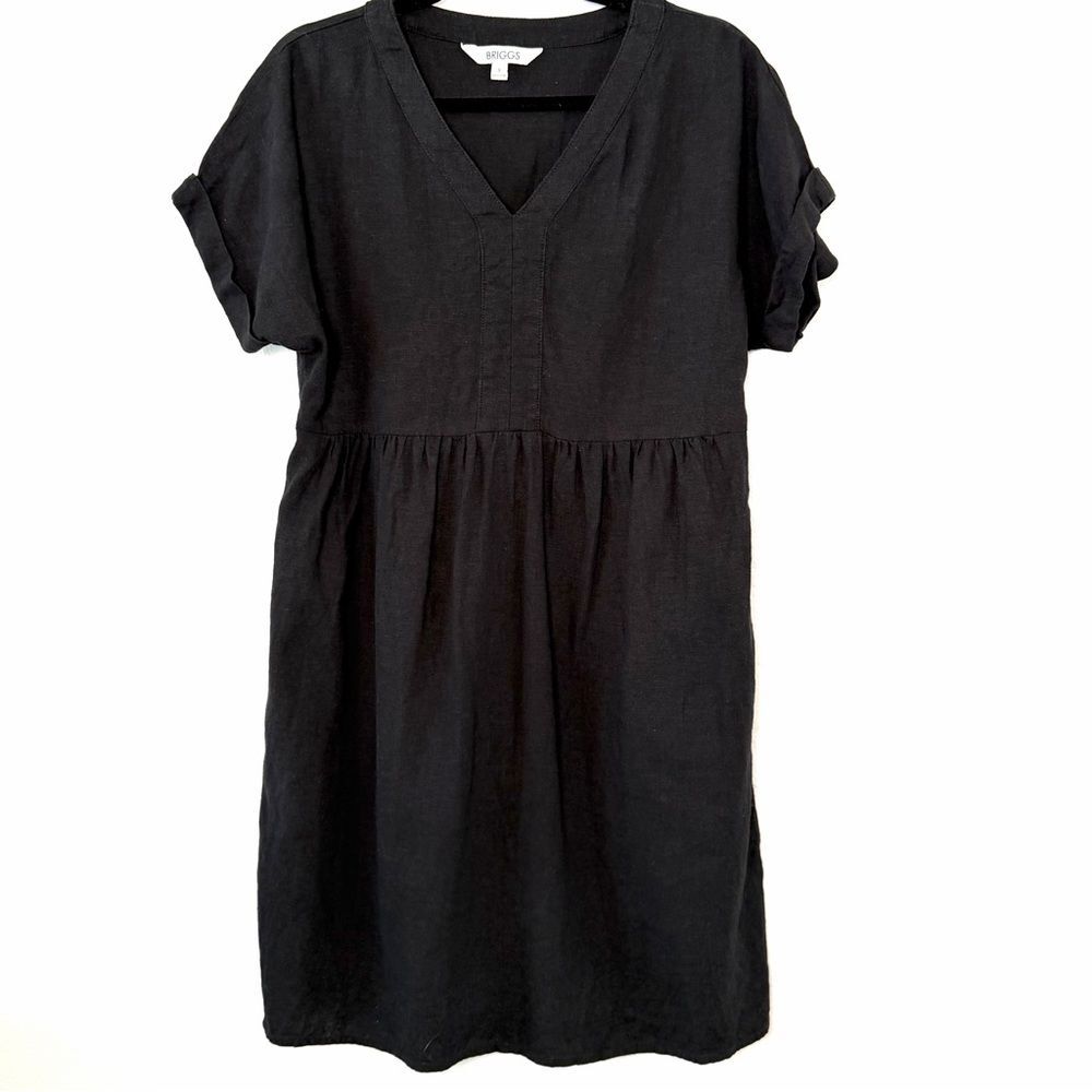 Briggs New York Linen Blend Charcoal Gray V-Neck Dress Midi Pockets Small
